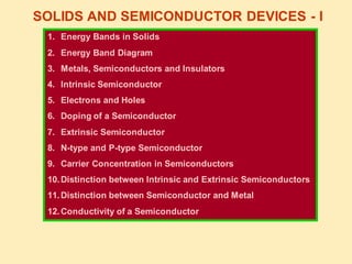 SOLIDS AND SEMICONDUCTOR DEVICES - I
1. Energy Bands in Solids
2. Energy Band Diagram
3. Metals, Semiconductors and Insulators
4. Intrinsic Semiconductor
5. Electrons and Holes
6. Doping of a Semiconductor
7. Extrinsic Semiconductor
8. N-type and P-type Semiconductor
9. Carrier Concentration in Semiconductors
10.Distinction between Intrinsic and Extrinsic Semiconductors
11.Distinction between Semiconductor and Metal
12.Conductivity of a Semiconductor
 