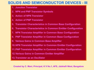 SOLIDS AND SEMICONDUCTOR DEVICES - III
1. Junction Transistor
2. NPN and PNP Transistor Symbols
3. Action of NPN Transistor
4. Action of PNP Transistor
5. Transistor Characteristics in Common Base Configuration
6. Transistor Characteristics in Common Emitter Configuration
7. NPN Transistor Amplifier in Common Base Configuration
8. PNP Transistor Amplifier in Common Base Configuration
9. Various Gains in Common Base Amplifier
10.NPN Transistor Amplifier in Common Emitter Configuration
11.PNP Transistor Amplifier in Common Emitter Configuration
12.Various Gains in Common Emitter Amplifier
13.Transistor as an Oscillator
Created by C. Mani, Principal, K V No.1, AFS, Jalahalli West, Bangalore
 