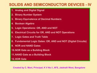 SOLIDS AND SEMICONDUCTOR DEVICES - IV
1. Analog and Digital Signal
2. Binary Number System
3. Binary Equivalence of Decimal Numbers
4. Boolean Algebra
5. Logic Operations: OR, AND and NOT
6. Electrical Circuits for OR, AND and NOT Operations
7. Logic Gates and Truth Table
8. Fundamental Logic Gates: OR, AND and NOT (Digital Circuits)
9. NOR and NAND Gates
10.NOR Gate as a Building Block
11.NAND Gate as a Building Block
12.XOR Gate
Created by C. Mani, Principal, K V No.1, AFS, Jalahalli West, Bangalore
 