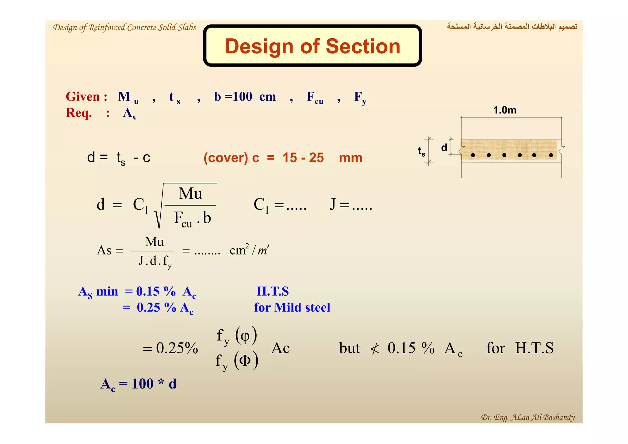 y
, F
cu
cm , F
100
, b =
s
, t
u
M
Given :
s
A
Req. :
d = ts - c (cover) c = 15 - 25 mm
AS min = 0.15 % Ac H.T.S
for Mild steel
c
% A
0.25
=
1.0m
d
s
t
.....
J
.....
C
b
.
F
Mu
C
d 1
cu
1 


m

 /
cm
........
f
.
d
.
J
Mu
As 2
y
 
 
H.T.S
for
A
%
0.15
but
Ac
Φ
f
φ
f
0.25% c
y
y



* d
100
=
c
A
Design of Section
‫المسلحة‬ ‫الخرسانية‬ ‫المصمتة‬ ‫البالطات‬ ‫تصميم‬
Design of Reinforced Concrete Solid Slabs
Dr. Eng. ALaa Ali Bashandy
 