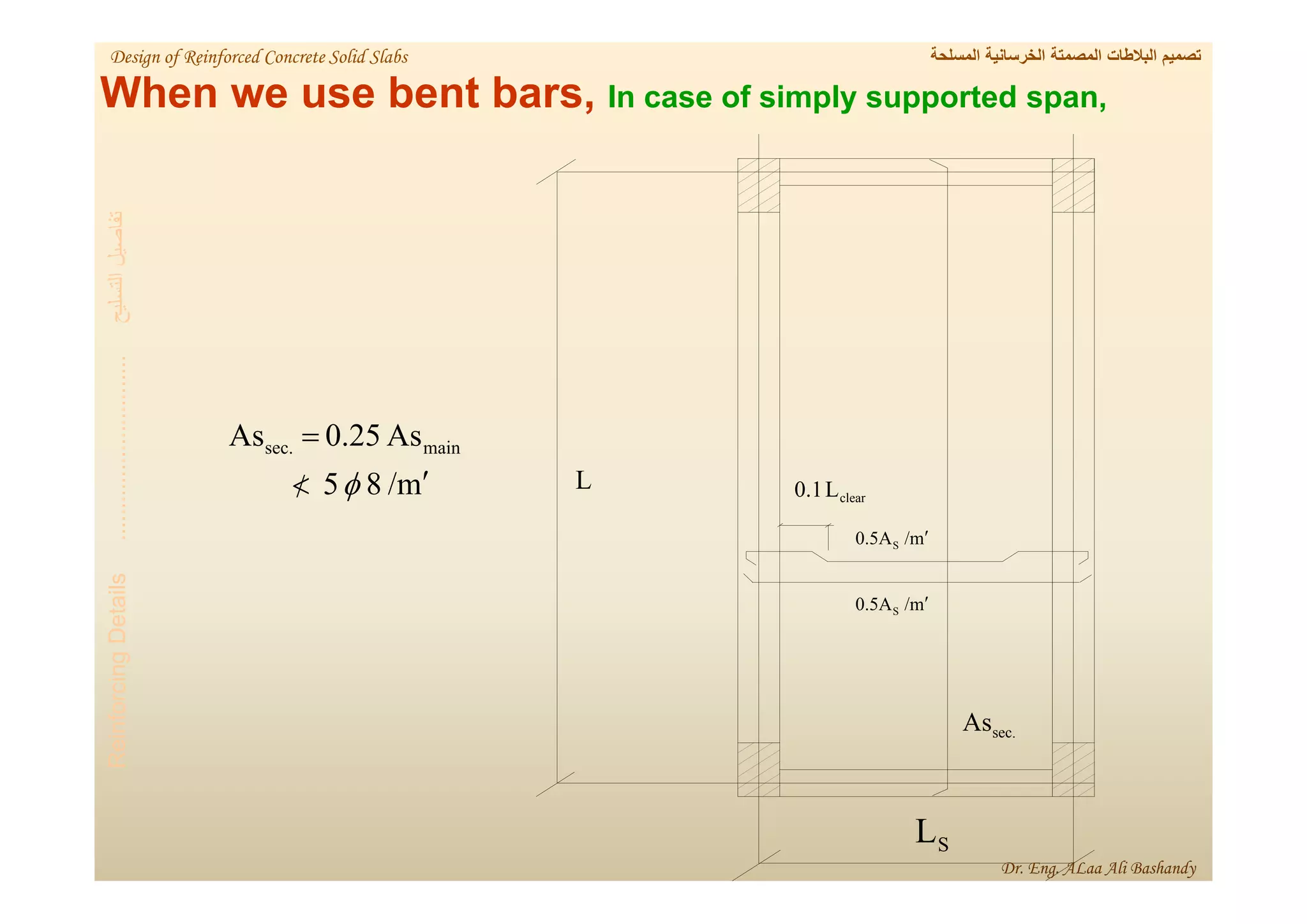 m
/
8
5
As
0.25
As main
sec.





m
/
0.5AS

m
/
0.5AS

sec.
As
clear
L
0.1
L
S
L
When we use bent bars, In case of simply supported span,
‫التسليح‬
‫تفاصيل‬
.............................
Reinforcing
Details
‫المسلحة‬ ‫الخرسانية‬ ‫المصمتة‬ ‫البالطات‬ ‫تصميم‬
Design of Reinforced Concrete Solid Slabs
Dr. Eng. ALaa Ali Bashandy
 