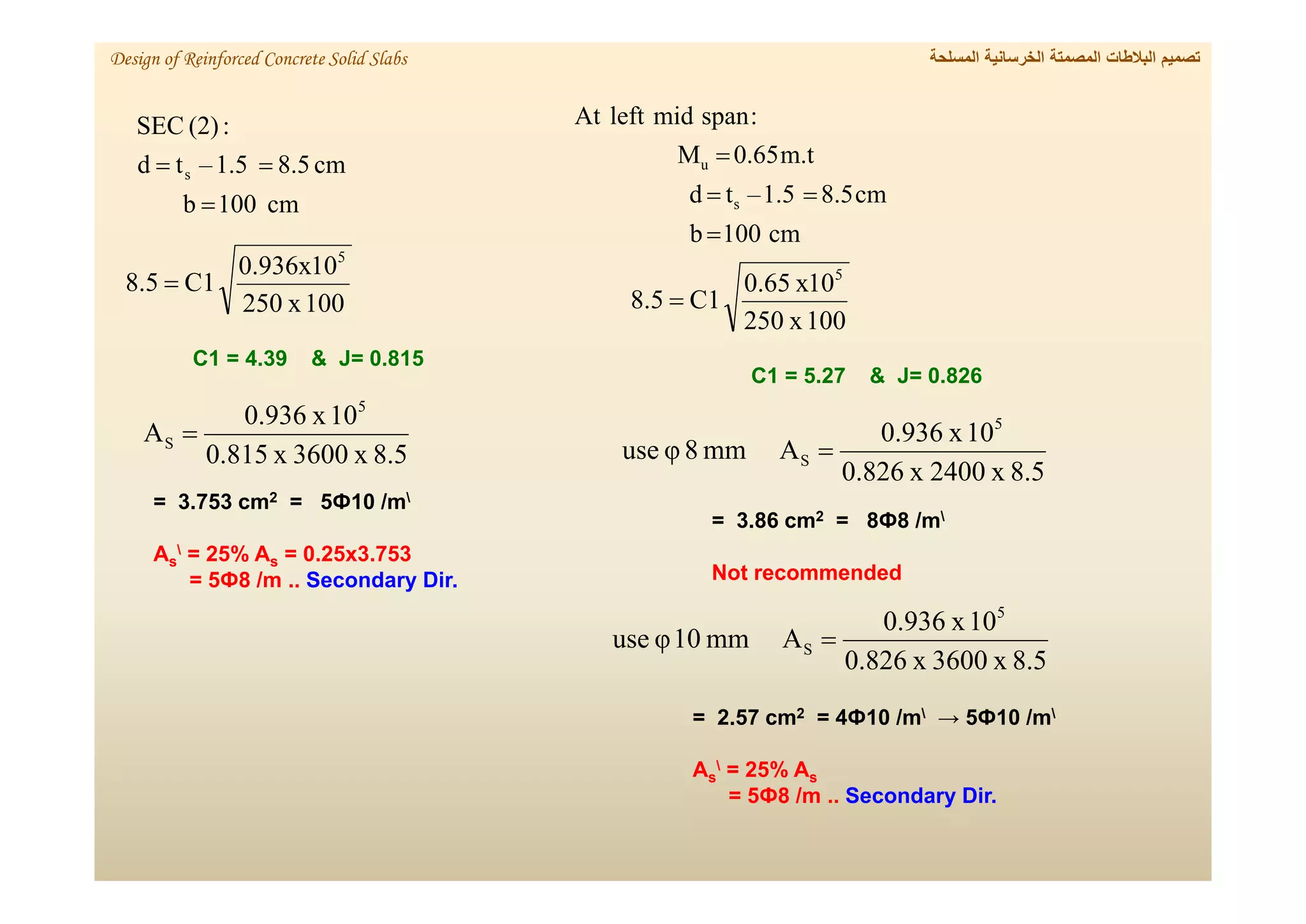 cm
100
b
cm
8.5
1.5
–
t
d
:
(2)
SEC
s



‫المسلحة‬ ‫الخرسانية‬ ‫المصمتة‬ ‫البالطات‬ ‫تصميم‬
Design of Reinforced Concrete Solid Slabs
100
x
250
10
.936x
0
C1
5
.
8
5

C1 = 4.39 & J= 0.815

/m
10
Ф
5
=
2
cm
3.753
=
3.753
x
0.25
=
s
% A
25
=

s
A
= 5Ф8 /m .. Secondary Dir.
5
.
8
x
3600
x
815
.
0
10
x
936
.
0
A
5
S 
cm
100
b
cm
8.5
1.5
–
t
d
m.t
0.65
M
:
span
mid
left
At
s
u




100
x
250
10
x
.65
0
C1
5
.
8
5

C1 = 5.27 & J= 0.826

/m
8
Ф
8
=
2
cm
3.86
=
Not recommended
5
.
8
x
00
4
2
x
826
.
0
10
x
936
.
0
A
mm
8
φ
use
5
S 

/m
10
Ф
5
→

/m
10
Ф
4
=
2
cm
2.57
=
s
% A
25
=

s
A
= 5Ф8 /m .. Secondary Dir.
5
.
8
x
00
6
3
x
826
.
0
10
x
936
.
0
A
mm
10
φ
use
5
S 
 