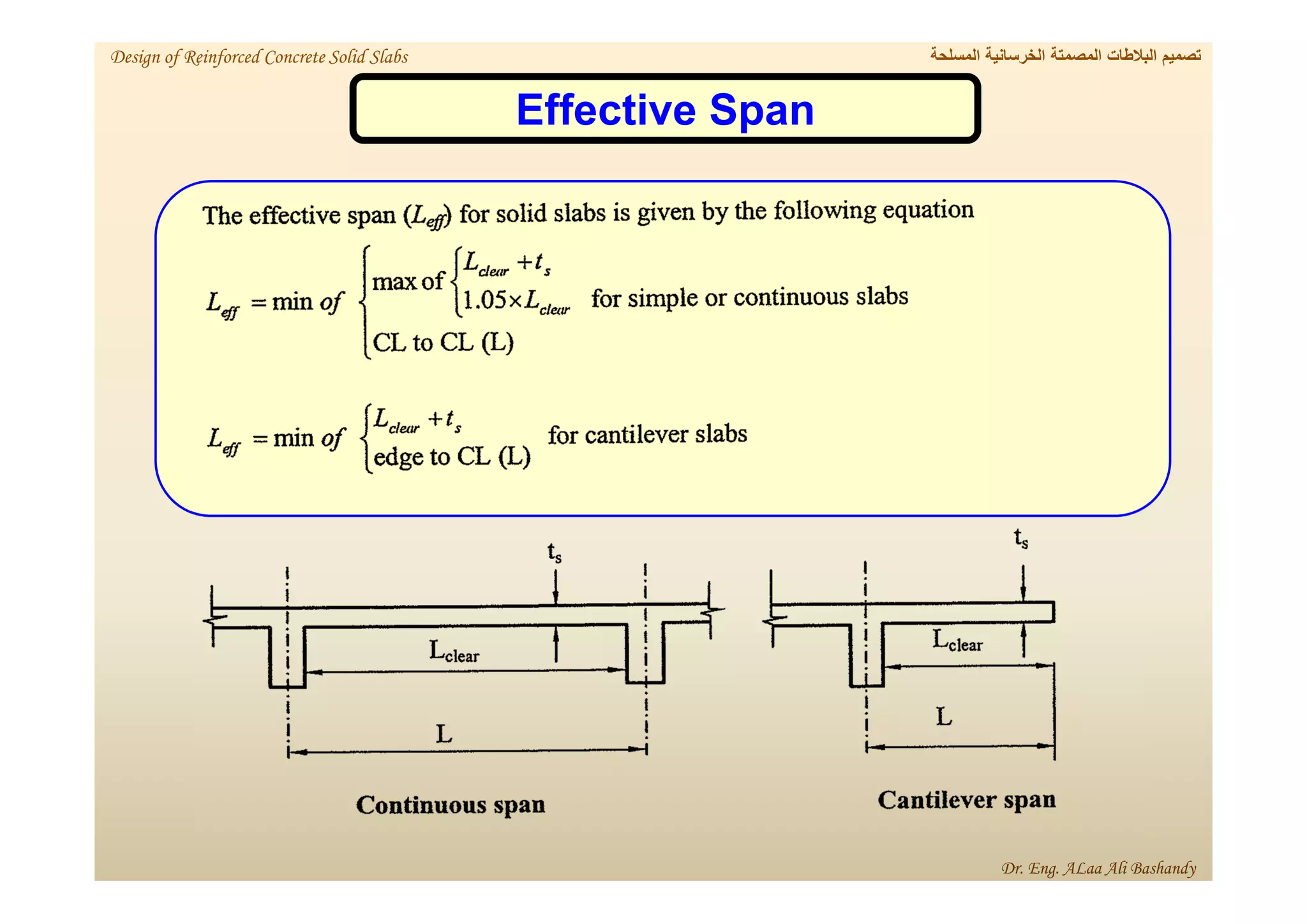 Effective Span
‫المسلحة‬ ‫الخرسانية‬ ‫المصمتة‬ ‫البالطات‬ ‫تصميم‬
Design of Reinforced Concrete Solid Slabs
Dr. Eng. ALaa Ali Bashandy
 