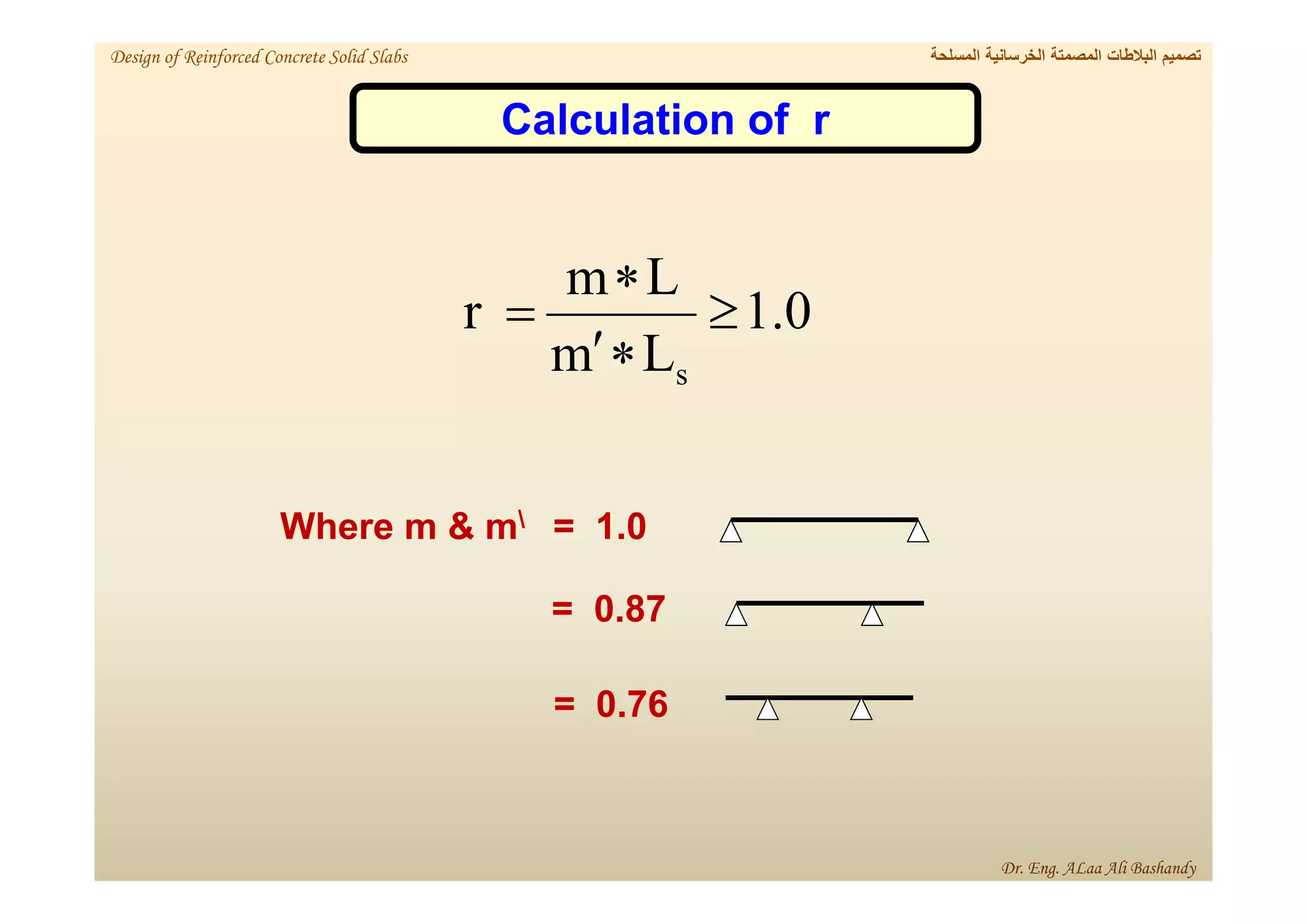 1.0
L
m
L
m
r
s





= 0.87
= 0.76
Calculation of r
1.0
=

Where m & m
‫المسلحة‬ ‫الخرسانية‬ ‫المصمتة‬ ‫البالطات‬ ‫تصميم‬
Design of Reinforced Concrete Solid Slabs
Dr. Eng. ALaa Ali Bashandy
 