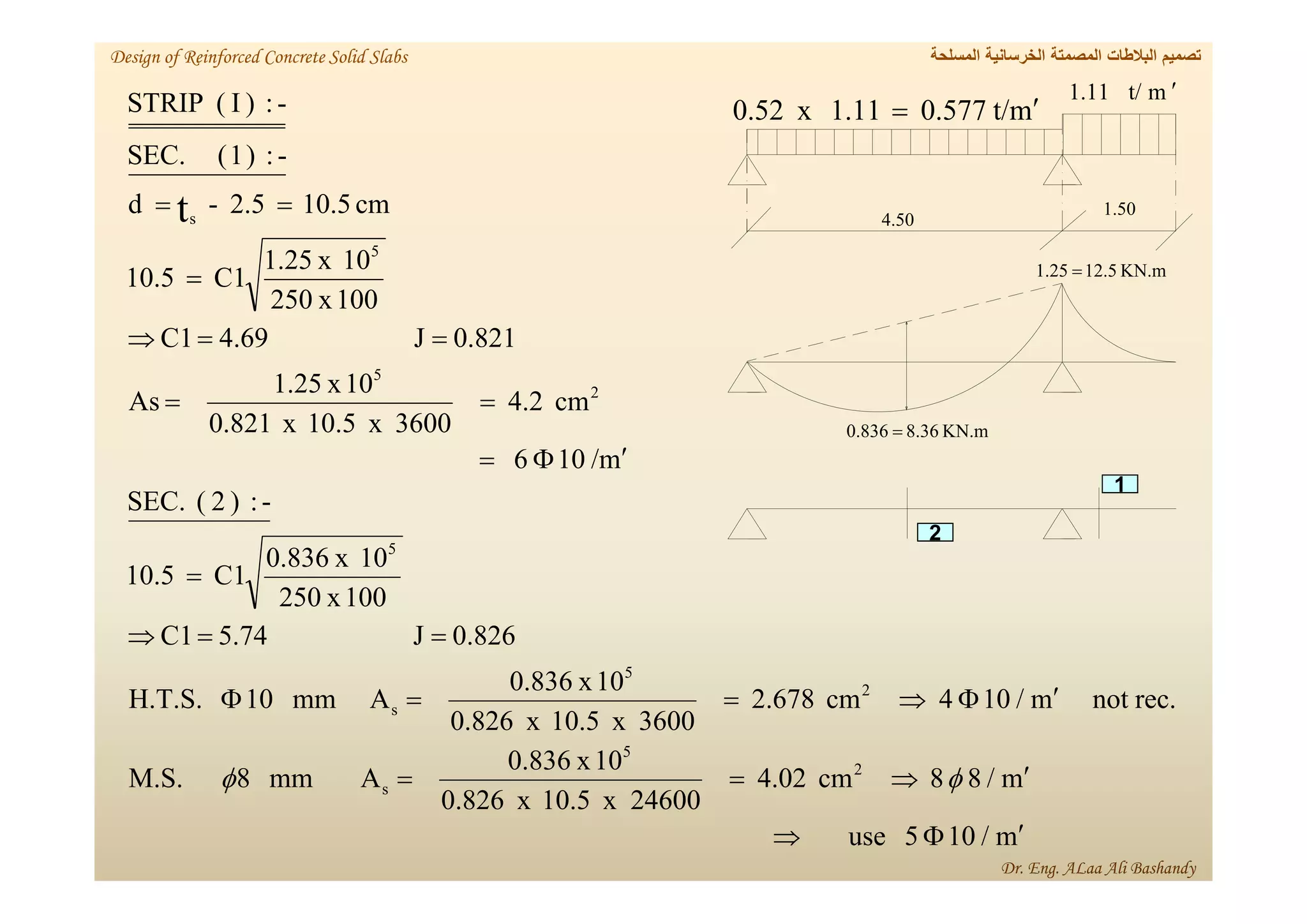 m
/
10
5
use
m
/
8
8
cm
4.02
24600
x
10.5
x
826
.
0
10
x
0.836
A
mm
8
M.S.
rec.
not
m
/
10
4
cm
2.678
3600
x
10.5
x
826
.
0
10
x
0.836
A
mm
10
H.T.S.
826
.
0
J
74
.
5
C1
100
x
250
10
x
0.836
C1
10.5
-
:
)
2
(
SEC.
m
/
10
6
cm
4.2
3600
x
10.5
x
821
.
0
10
x
1.25
As
821
.
0
J
69
.
4
C1
100
x
250
10
x
1.25
C1
10.5
cm
10.5
2.5
-
d
-
:
)
1
(
SEC.
-
:
)
I
(
STRIP
2
5
s
2
5
s
5
2
5
5
s
t






























1
2
KN.m
8.36
0.836 
KN.m
5
.
2
1
25
.
1 
50
.
1
50
.
4
m
t/
1.11 
m
t/
577
.
0
11
.
1
x
52
.
0 

‫المسلحة‬ ‫الخرسانية‬ ‫المصمتة‬ ‫البالطات‬ ‫تصميم‬
Design of Reinforced Concrete Solid Slabs
Dr. Eng. ALaa Ali Bashandy
 
