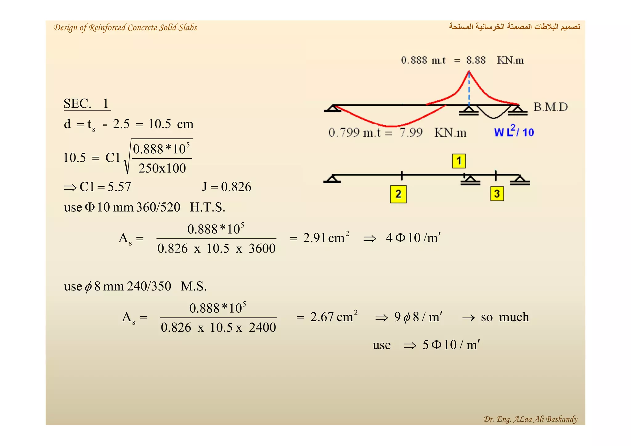 m
/
10
5
use
much
so
m
/
8
9
cm
2.67
2400
x
10.5
x
826
.
0
10
*
0.888
A
M.S.
240/350
mm
8
use
m
/
10
4
cm
2.91
3600
x
10.5
x
826
.
0
10
*
0.888
A
H.T.S.
360/520
mm
10
use
826
.
0
J
57
.
5
C1
250x100
10
*
0.888
C1
10.5
cm
10.5
2.5
-
t
d
1
SEC.
2
5
s
2
5
s
5
s






















‫المسلحة‬ ‫الخرسانية‬ ‫المصمتة‬ ‫البالطات‬ ‫تصميم‬
Design of Reinforced Concrete Solid Slabs
Dr. Eng. ALaa Ali Bashandy
 