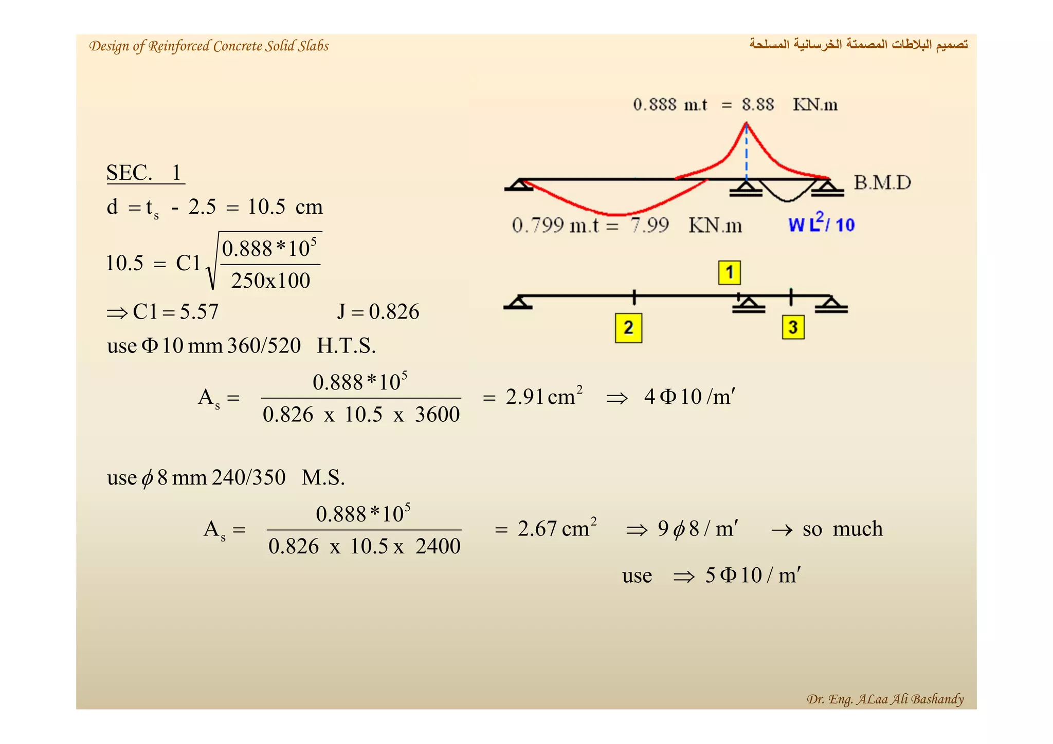 m
/
10
5
use
much
so
m
/
8
9
cm
2.67
2400
x
10.5
x
826
.
0
10
*
0.888
A
M.S.
240/350
mm
8
use
m
/
10
4
cm
2.91
3600
x
10.5
x
826
.
0
10
*
0.888
A
H.T.S.
360/520
mm
10
use
826
.
0
J
57
.
5
C1
250x100
10
*
0.888
C1
10.5
cm
10.5
2.5
-
t
d
1
SEC.
2
5
s
2
5
s
5
s






















‫المسلحة‬ ‫الخرسانية‬ ‫المصمتة‬ ‫البالطات‬ ‫تصميم‬
Design of Reinforced Concrete Solid Slabs
Dr. Eng. ALaa Ali Bashandy
 