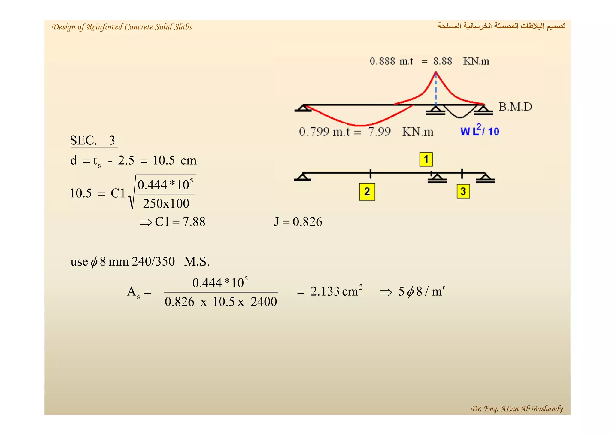 m
/
8
5
cm
2.133
2400
x
10.5
x
826
.
0
10
*
0.444
A
M.S.
240/350
mm
8
use
826
.
0
J
88
.
7
C1
250x100
10
*
0.444
C1
10.5
cm
10.5
2.5
-
t
d
3
SEC.
2
5
s
5
s












‫المسلحة‬ ‫الخرسانية‬ ‫المصمتة‬ ‫البالطات‬ ‫تصميم‬
Design of Reinforced Concrete Solid Slabs
Dr. Eng. ALaa Ali Bashandy
 