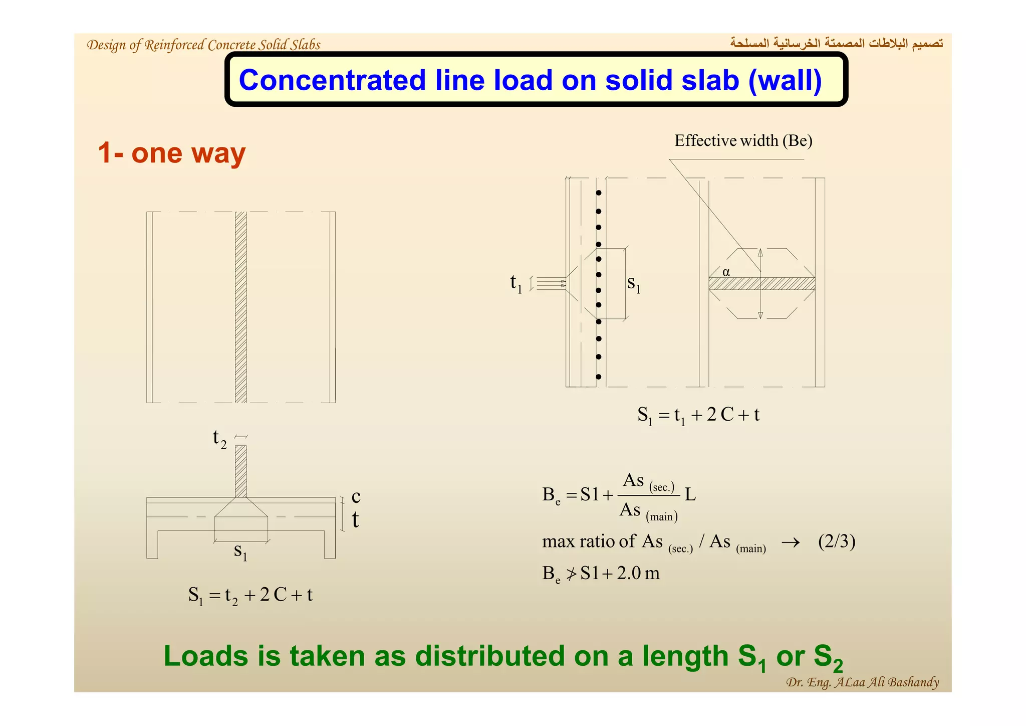 1- one way
1
t
2
t
1
s
1
s
t
c
α
(Be)
width
Effective
t
C
2
t
S 1
1 


t
C
2
t
S 2
1 


 
 
m
2.0
S1
B
(2/3)
As
/
As
of
ratio
max
L
As
As
S1
B
e
(main)
(sec.)
main
sec.
e






Concentrated line load on solid slab (wall)
2
or S
1
Loads is taken as distributed on a length S
‫المسلحة‬ ‫الخرسانية‬ ‫المصمتة‬ ‫البالطات‬ ‫تصميم‬
Design of Reinforced Concrete Solid Slabs
Dr. Eng. ALaa Ali Bashandy
 