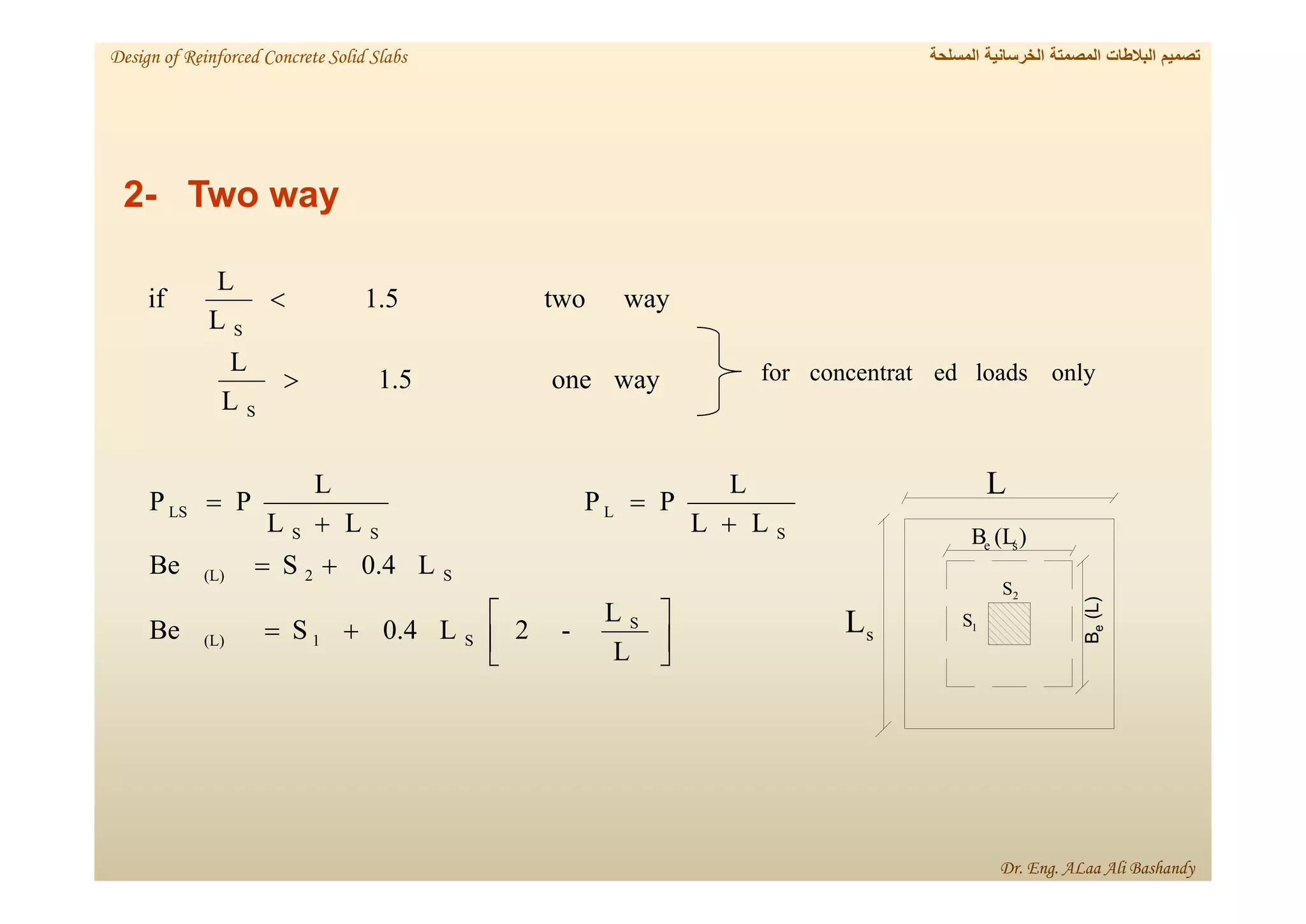 L
L
-
2
L
0.4
S
Be
L
0.4
S
Be
L
L
L
P
P
L
L
L
P
P
way
one
1.5
L
L
way
two
1.5
L
L
if
S
S
1
(L)
S
2
(L)
S
L
S
S
LS
S
S
















only
loads
ed
concentrat
for
L
s
L
2
S
1
S
)
(L
B s
e
(L)
e
B
2- Two way
‫المسلحة‬ ‫الخرسانية‬ ‫المصمتة‬ ‫البالطات‬ ‫تصميم‬
Design of Reinforced Concrete Solid Slabs
Dr. Eng. ALaa Ali Bashandy
 