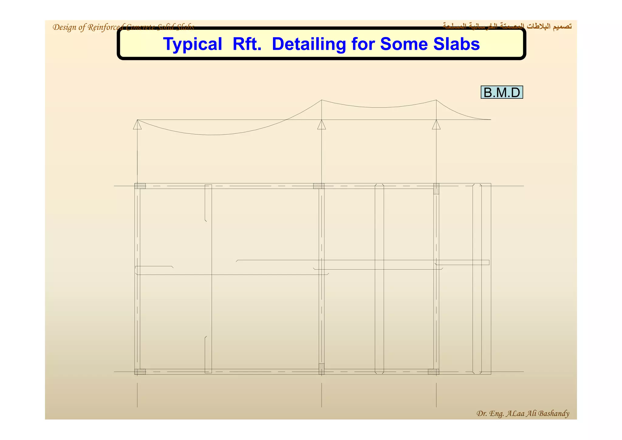 B.M.D
Typical Rft. Detailing for Some Slabs
‫المسلحة‬ ‫الخرسانية‬ ‫المصمتة‬ ‫البالطات‬ ‫تصميم‬
Design of Reinforced Concrete Solid Slabs
Dr. Eng. ALaa Ali Bashandy
 
