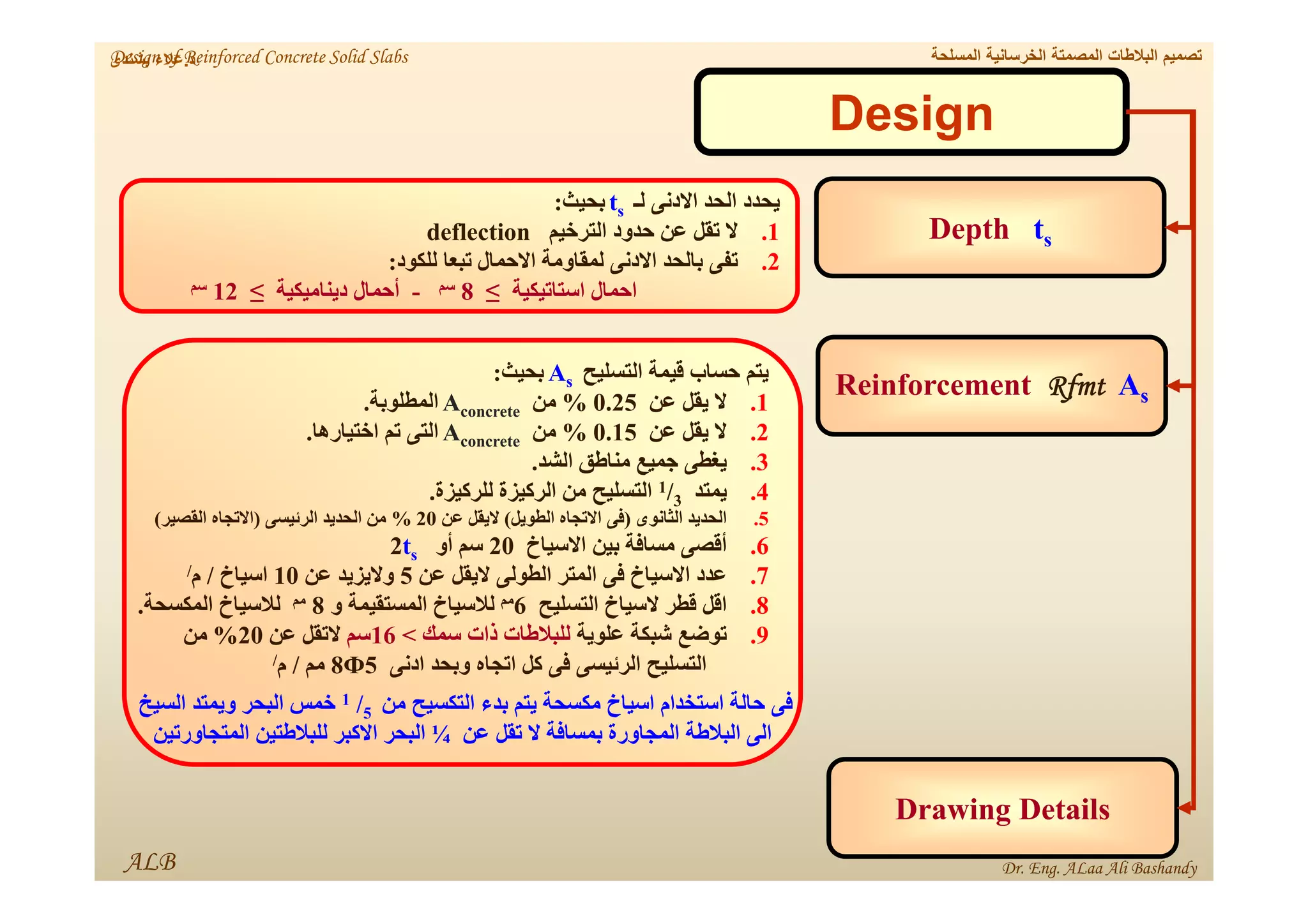 Design
s
t
Depth
ALB
‫د‬
.
‫بشندى‬ ‫عالء‬
‫لـ‬ ‫االدنى‬ ‫الحد‬ ‫يحدد‬
s
t
‫بحيث‬
:
.1
‫الترخيم‬ ‫حدود‬ ‫عن‬ ‫تقل‬ ‫ال‬
deflection
.2
‫للكود‬ ‫تبعا‬ ‫االحمال‬ ‫لمقاومة‬ ‫االدنى‬ ‫بالحد‬ ‫تفى‬
:
‫استاتيكية‬ ‫احمال‬
≤
8
‫سم‬
-
‫ديناميكية‬ ‫أحمال‬
≤
12
‫سم‬
s
A
Rfmt
Reinforcement
‫التسليح‬ ‫قيمة‬ ‫حساب‬ ‫يتم‬
s
A
‫بحيث‬
:
.1
‫عن‬ ‫يقل‬ ‫ال‬
0.25
%
‫من‬
concrete
A
‫المطلوبة‬
.
.2
‫عن‬ ‫يقل‬ ‫ال‬
0.15
%
‫من‬
concrete
A
‫اختيارھا‬ ‫تم‬ ‫التى‬
.
.3
‫الشد‬ ‫مناطق‬ ‫جميع‬ ‫يغطى‬
.
.4
‫يمتد‬
3
/
1
‫للركيزة‬ ‫الركيزة‬ ‫من‬ ‫التسليح‬
.
.5
‫الثانوى‬ ‫الحديد‬
)
‫الطويل‬ ‫االتجاه‬ ‫فى‬
(
‫عن‬ ‫اليقل‬
20
%
‫الرئيسى‬ ‫الحديد‬ ‫من‬
)
‫القصير‬ ‫االتجاه‬
(
.6
‫االسياخ‬ ‫بين‬ ‫مسافة‬ ‫أقصى‬
20
‫أو‬ ‫سم‬
s
t
2
.7
‫عن‬ ‫اليقل‬ ‫الطولى‬ ‫المتر‬ ‫فى‬ ‫االسياخ‬ ‫عدد‬
5
‫عن‬ ‫واليزيد‬
10
‫اسياخ‬
/
‫م‬
/
.8
‫التسليح‬ ‫السياخ‬ ‫قطر‬ ‫اقل‬
6
‫مم‬
‫و‬ ‫المستقيمة‬ ‫لالسياخ‬
8
‫مم‬
‫المكسحة‬ ‫لالسياخ‬
.
.9
‫علوية‬ ‫شبكة‬ ‫توضع‬
‫سمك‬ ‫ذات‬ ‫للبالطات‬
<
16
‫سم‬
‫عن‬ ‫التقل‬
20
%
‫من‬
‫ادنى‬ ‫وبحد‬ ‫اتجاه‬ ‫كل‬ ‫فى‬ ‫الرئيسى‬ ‫التسليح‬
5
Ф
8
‫مم‬
/
‫م‬
/
‫من‬ ‫التكسيح‬ ‫بدء‬ ‫يتم‬ ‫مكسحة‬ ‫اسياخ‬ ‫استخدام‬ ‫حالة‬ ‫فى‬
5
/
1
‫السيخ‬ ‫ويمتد‬ ‫البحر‬ ‫خمس‬
‫عن‬ ‫تقل‬ ‫ال‬ ‫بمسافة‬ ‫المجاورة‬ ‫البالطة‬ ‫الى‬
¼
‫المتجاورتين‬ ‫للبالطتين‬ ‫االكبر‬ ‫البحر‬
Drawing Details
‫المسلحة‬ ‫الخرسانية‬ ‫المصمتة‬ ‫البالطات‬ ‫تصميم‬
Design of Reinforced Concrete Solid Slabs
Dr. Eng. ALaa Ali Bashandy
 