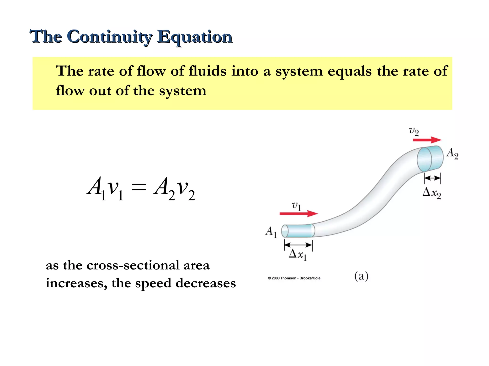 The Continuity Equation
  The rate of flow of fluids into a system equals the rate of
  flow out of the system




       A1v1 = A2 v2

 as the cross-sectional area
 increases, the speed decreases
 