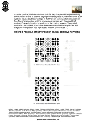 A carrier particle provides attractive sites for very fine particles to preferentially
structure and a form of positive segregation takes place in particle location. Such
systems have a double advantage in that the bulk carrier particle ensures bulk
free-flow characteristics and the structuring ensures a very high quality of
mixture. Powder lubrication is one form of the coating process. The coated
mixture is best created in an impaction mixer where the carrier particles are
subjected to impaction by a high speed impeller (see Clause 7).
FIGURE 3 POSSIBLE STRUCTURES FOR BINARY COHESIVE POWDERS

Refinery Process Stream Purification Refinery Process Catalysts Troubleshooting Refinery Process Catalyst Start-Up / Shutdown
Activation Reduction In-situ Ex-situ Sulfiding Specializing in Refinery Process Catalyst Performance Evaluation Heat & Mass
Balance Analysis Catalyst Remaining Life Determination Catalyst Deactivation Assessment Catalyst Performance
Characterization Refining & Gas Processing & Petrochemical Industries Catalysts / Process Technology - Hydrogen Catalysts /
Process Technology – Ammonia Catalyst Process Technology - Methanol Catalysts / process Technology – Petrochemicals
Specializing in the Development & Commercialization of New Technology in the Refining & Petrochemical Industries
Web Site: www.GBHEnterprises.com

 