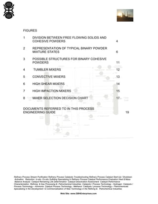 FIGURES
1

DIVISION BETWEEN FREE FLOWING SOLIDS AND
COHESIVE POWDERS

4

REPRESENTATION OF TYPICAL BINARY POWDER
MIXTURE STATES

6

POSSIBLE STRUCTURES FOR BINARY COHESIVE
POWDERS

11

4

TUMBLER MIXERS

12

5

CONVECTIVE MIXERS

13

6

HIGH SHEAR MIXERS

14

7

HIGH IMPACTION MIXERS

15

8

MIXER SELECTION DECISION CHART

17

2

3

DOCUMENTS REFERRED TO IN THIS PROCESS
ENGINEERING GUIDE

19

Refinery Process Stream Purification Refinery Process Catalysts Troubleshooting Refinery Process Catalyst Start-Up / Shutdown
Activation Reduction In-situ Ex-situ Sulfiding Specializing in Refinery Process Catalyst Performance Evaluation Heat & Mass
Balance Analysis Catalyst Remaining Life Determination Catalyst Deactivation Assessment Catalyst Performance
Characterization Refining & Gas Processing & Petrochemical Industries Catalysts / Process Technology - Hydrogen Catalysts /
Process Technology – Ammonia Catalyst Process Technology - Methanol Catalysts / process Technology – Petrochemicals
Specializing in the Development & Commercialization of New Technology in the Refining & Petrochemical Industries
Web Site: www.GBHEnterprises.com

 
