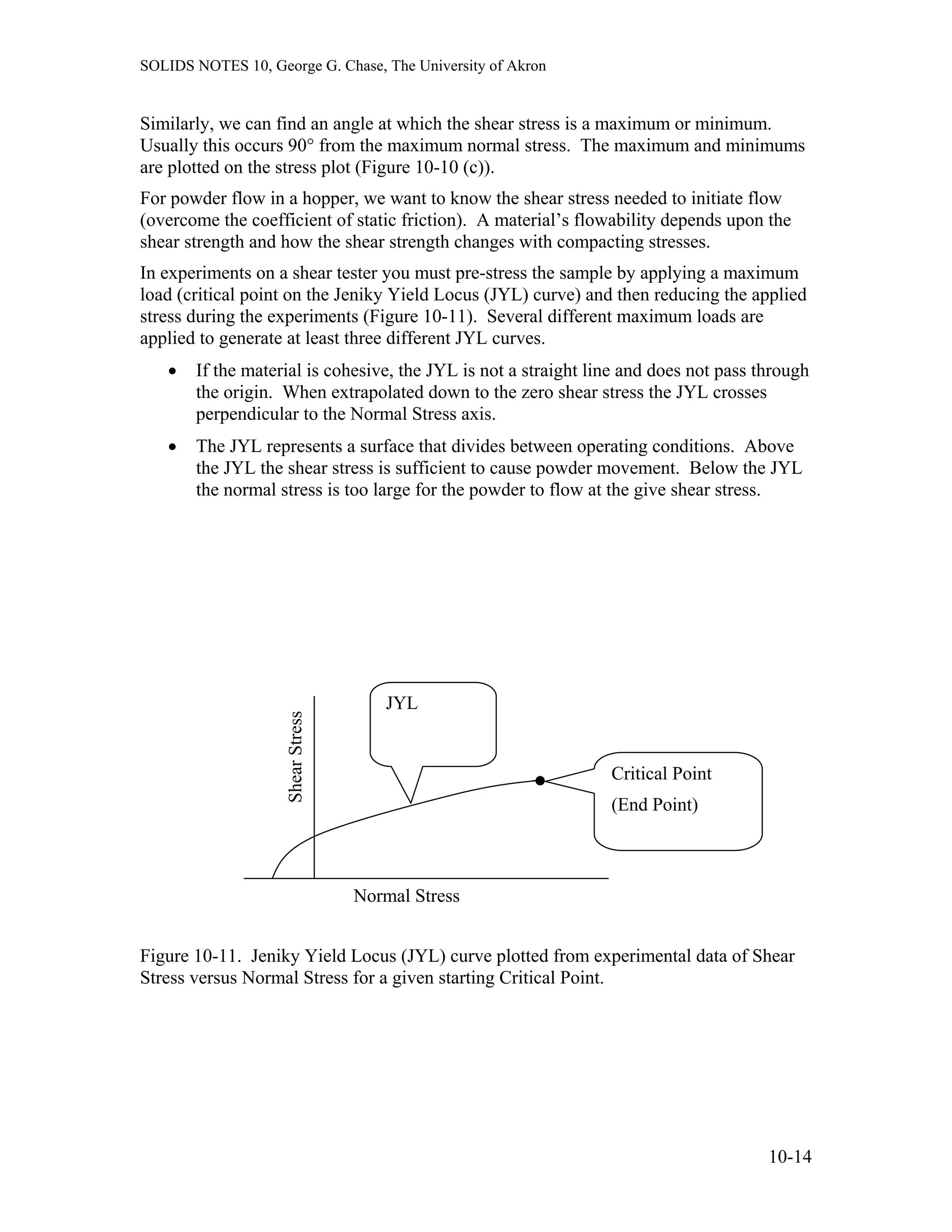 SOLIDS NOTES 10, George G. Chase, The University of Akron
Similarly, we can find an angle at which the shear stress is a maximum or minimum.
Usually this occurs 90° from the maximum normal stress. The maximum and minimums
are plotted on the stress plot (Figure 10-10 (c)).
For powder flow in a hopper, we want to know the shear stress needed to initiate flow
(overcome the coefficient of static friction). A material’s flowability depends upon the
shear strength and how the shear strength changes with compacting stresses.
In experiments on a shear tester you must pre-stress the sample by applying a maximum
load (critical point on the Jeniky Yield Locus (JYL) curve) and then reducing the applied
stress during the experiments (Figure 10-11). Several different maximum loads are
applied to generate at least three different JYL curves.
• If the material is cohesive, the JYL is not a straight line and does not pass through
the origin. When extrapolated down to the zero shear stress the JYL crosses
perpendicular to the Normal Stress axis.
• The JYL represents a surface that divides between operating conditions. Above
the JYL the shear stress is sufficient to cause powder movement. Below the JYL
the normal stress is too large for the powder to flow at the give shear stress.
JYL
Critical Point
(End Point)
ShearStress
Normal Stress
Figure 10-11. Jeniky Yield Locus (JYL) curve plotted from experimental data of Shear
Stress versus Normal Stress for a given starting Critical Point.
10-14
 
