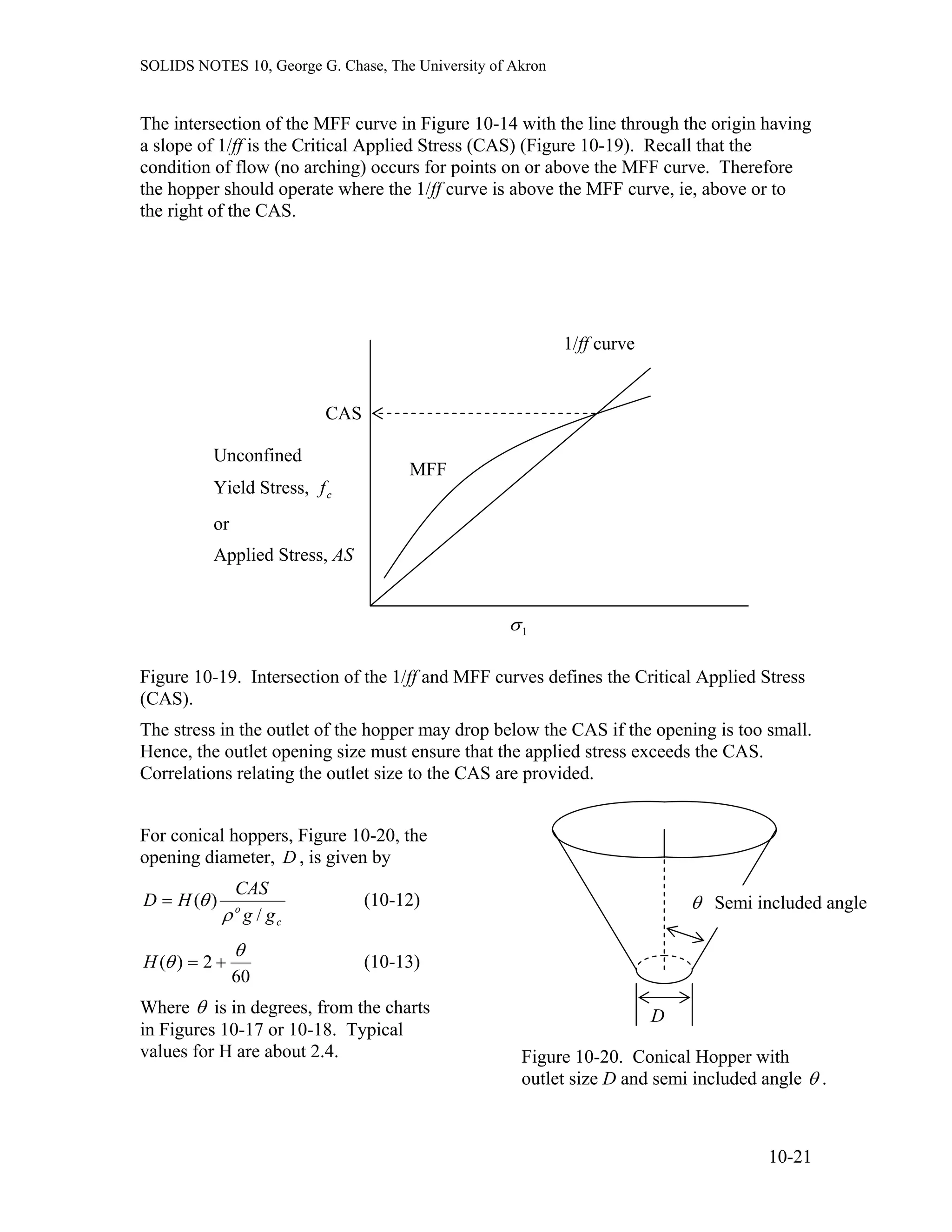 SOLIDS NOTES 10, George G. Chase, The University of Akron
The intersection of the MFF curve in Figure 10-14 with the line through the origin having
a slope of 1/ff is the Critical Applied Stress (CAS) (Figure 10-19). Recall that the
condition of flow (no arching) occurs for points on or above the MFF curve. Therefore
the hopper should operate where the 1/ff curve is above the MFF curve, ie, above or to
the right of the CAS.
MFF
1/ff curve
CAS
Unconfined
Yield Stress, cf
or
Applied Stress, AS
1σ
Figure 10-19. Intersection of the 1/ff and MFF curves defines the Critical Applied Stress
(CAS).
The stress in the outlet of the hopper may drop below the CAS if the opening is too small.
Hence, the outlet opening size must ensure that the applied stress exceeds the CAS.
Correlations relating the outlet size to the CAS are provided.
θ
D
Semi included angle
For conical hoppers, Figure 10-20, the
opening diameter, , is given byD
c
o
gg
CAS
HD
/
)(
ρ
θ= (10-12)
60
2)(
θ
θ +=H (10-13)
Where θ is in degrees, from the charts
in Figures 10-17 or 10-18. Typical
values for H are about 2.4. Figure 10-20. Conical Hopper with
outlet size D and semi included angle θ .
10-21
 