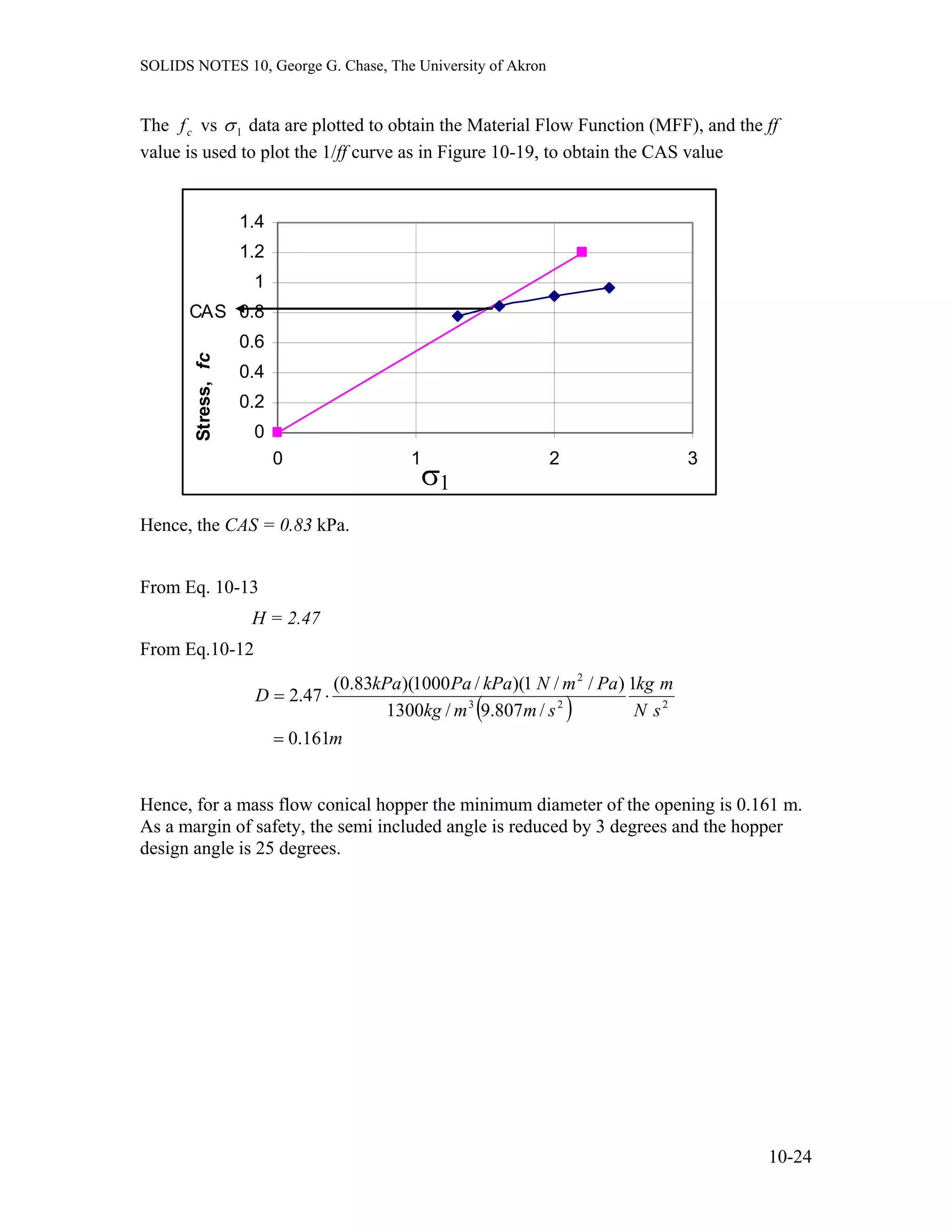 SOLIDS NOTES 10, George G. Chase, The University of Akron
The vscf 1σ data are plotted to obtain the Material Flow Function (MFF), and the ff
value is used to plot the 1/ff curve as in Figure 10-19, to obtain the CAS value
0
0.2
0.4
0.6
0.8
1
1.2
1.4
0 1 2 3
Stress,fc
σ1
CAS
Hence, the CAS = 0.83 kPa.
From Eq. 10-13
H = 2.47
From Eq.10-12
( )
m
sN
mkg
smmkg
PamNkPaPakPa
D
161.0
1
/807.9/1300
)//1)(/1000)(83.0(
47.2 223
2
=
⋅=
Hence, for a mass flow conical hopper the minimum diameter of the opening is 0.161 m.
As a margin of safety, the semi included angle is reduced by 3 degrees and the hopper
design angle is 25 degrees.
10-24
 
