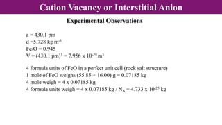 Cation Vacancy or Interstitial Anion
Experimental Observations
a = 430.1 pm
d =5.728 kg m-3
Fe/O = 0.945
V = (430.1 pm)3 = 7.956 x 10-29 m3
4 formula units of FeO in a perfect unit cell (rock salt structure)
1 mole of FeO weighs (55.85 + 16.00) g = 0.07185 kg
4 mole weigh = 4 x 0.07185 kg
4 formula units weigh = 4 x 0.07185 kg / NA = 4.733 x 10-25 kg
 