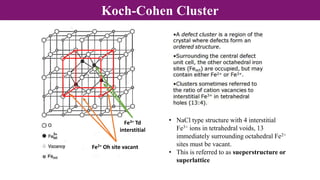 Koch-Cohen Cluster
• NaCl type structure with 4 interstitial
Fe3+ ions in tetrahedral voids, 13
immediately surrounding octahedral Fe2+
sites must be vacant.
• This is referred to as sueperstructure or
superlattice
Fe2+ Oh site vacant
Fe3+ Td
interstitial
 