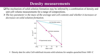 The mechanism of solid solution formation may be inferred by a combination of density and
unit cell volume measurements for a range of compositions.
The key parameter is the mass of the average unit cell contents and whether it increases or
decreases on solid solution formation.
 Density data for cubic CaO-stabilised zirconia solid solutions for samples quenched from 1600 ◦C
Density measurements
 