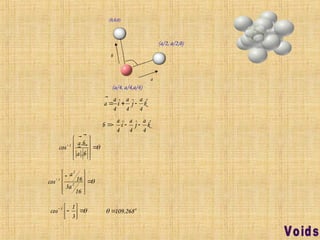(0,0,0)
(a/2, a/2,0)
(a/4, a/4,a/4)
a

b

k
a
j
a
i
a
a ˆ
4
ˆ
4
ˆ
4




k
a
j
a
i
a
b ˆ
4
ˆ
4
ˆ
4
















b
a
b
a




.
.
cos 1









 

16
3
16
cos 2
2
1
a
a









3
1
cos 1 o
268
.
109


 