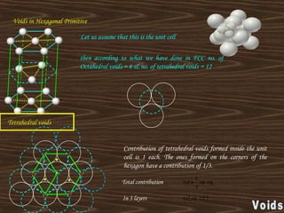 Voids in Hexagonal Primitive
Let us assume that this is the unit cell
then according to what we have done in FCC no. of
Octahedral voids = 6 & no. of tetrahedral voids = 12
Tetrahedral voids
Contribution of tetrahedral voids formed inside the unit
cell is 1 each. The ones formed on the corners of the
hexagon have a contribution of 1/3.
Total contribution 6
6
3
1
4 



In 3 layers 12
6
2 


 