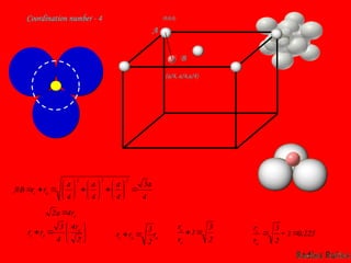 4
3
4
4
4
2
2
2
a
a
a
a
r
r
AB a
c 























a
r
a 4
2 
Coordination number - 4
z-axis
A
B
(0,0,0)
(a/4, a/4,a/4)








2
4
4
3 a
a
c
r
r
r
a
a
c r
r
r
2
3


2
3
1 

a
c
r
r
225
.
0
1
2
3



a
c
r
r
 