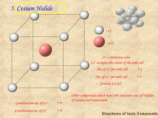 5. Cesium Halide
 Cl-
 Cs+
Cl-
is Primitive cubic
Cs+
occupies the centre of the unit cell
No. of Cl-
per unit cell = 1
No. of Cs+
per unit cell = 1
 formula is CsCl
Coordination no. of Cs+ = 8
Coordination no. of Cl- = 8
Other compounds which have this structure are: all halides
of Cesium and ammonium
 