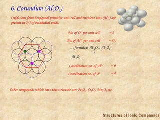 6. Corundum (Al2O3)
Oxide ions form hexagonal primitive unit cell and trivalent ions (Al3+
) are
present in 2/3 of octahedral voids.
No. of O2-
per unit cell = 2
No. of Al3+
per unit cell = 4/3
3
2
6
4
2
3
4
O
Al
O
Al
;
O
Al
is
formula

Coordination no. of Al3+ = 6
Coordination no. of O2- = 4
Other compounds which have this structure are: Fe2O3, Cr2O3, Mn2O3 etc.
 