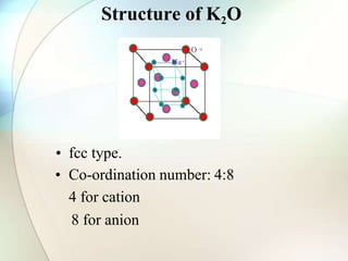 Structure of K2O
• fcc type.
• Co-ordination number: 4:8
4 for cation
8 for anion
O -2
Na+
 