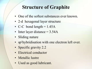 Structure of Graphite
• One of the softest substances ever known.
• 2-d hexagonal layer structure
• C-C bond length = 1.45A
• Inter layer distance = 3.54A
• Sliding nature
• sp2hybridisation with one electron left over.
• Specific gravity 2.2
• Electrical conductor
• Metallic lustre
• Used as good lubricant.
 