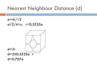 Nearest Neighbour Distance (d) a=4r/√2 a√2/4=r;  r=0.3535a d=2r d=2X0.3535a d=0.707a a 