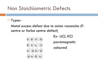 Non Stoichiometric Defects Types- Metal excess defect due to anion vacancies (F-centre or farbe centre defect) Ex- LiCl, KCl  paramagnetic coloured A + A + A + A + A + A + A + A + B - B - B - B - B - B - B - e - 