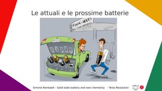 Le attuali e le prossime batterie
Simone Rambaldi – Solid state battery and new chemestry – Tesla Revolution
 