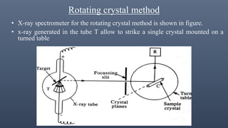 Rotating crystal method
• X-ray spectrometer for the rotating crystal method is shown in figure.
• x-ray generated in the tube T allow to strike a single crystal mounted on a
turned table
 
