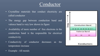 Conductor
• Crystalline materials that conduct electricity are
called conductor
• The energy gap between conduction band and
valence band is very low shown in figure
• Availability of more number of free electrons in the
conduction band is the responsible for electrical
conductivity
• Conductivity of conductor decreases as the
temperature increase
• Example : All metals
 