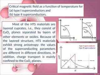 Critical magnetic field as a function of temperature for
(a) type I superconductors and
(b) type II superconductors.
Most of the HTS materials are
layered cuprates, i.e., they consist of
CuO2 planes separated by layers of
other elements or oxides. Because of
the layered structure, HTS materials
exhibit strong anisotropy: the values
of the superconducting parameters
are different in different directions. In
addition, charge transport is mainly
confined to the CuO2 planes.
 