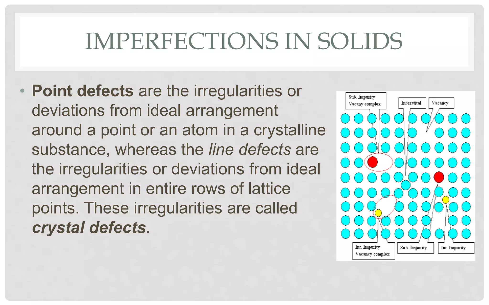 IMPERFECTIONS IN SOLIDS
• Point defects are the irregularities or
deviations from ideal arrangement
around a point or an atom in a crystalline
substance, whereas the line defects are
the irregularities or deviations from ideal
arrangement in entire rows of lattice
points. These irregularities are called
crystal defects.
 