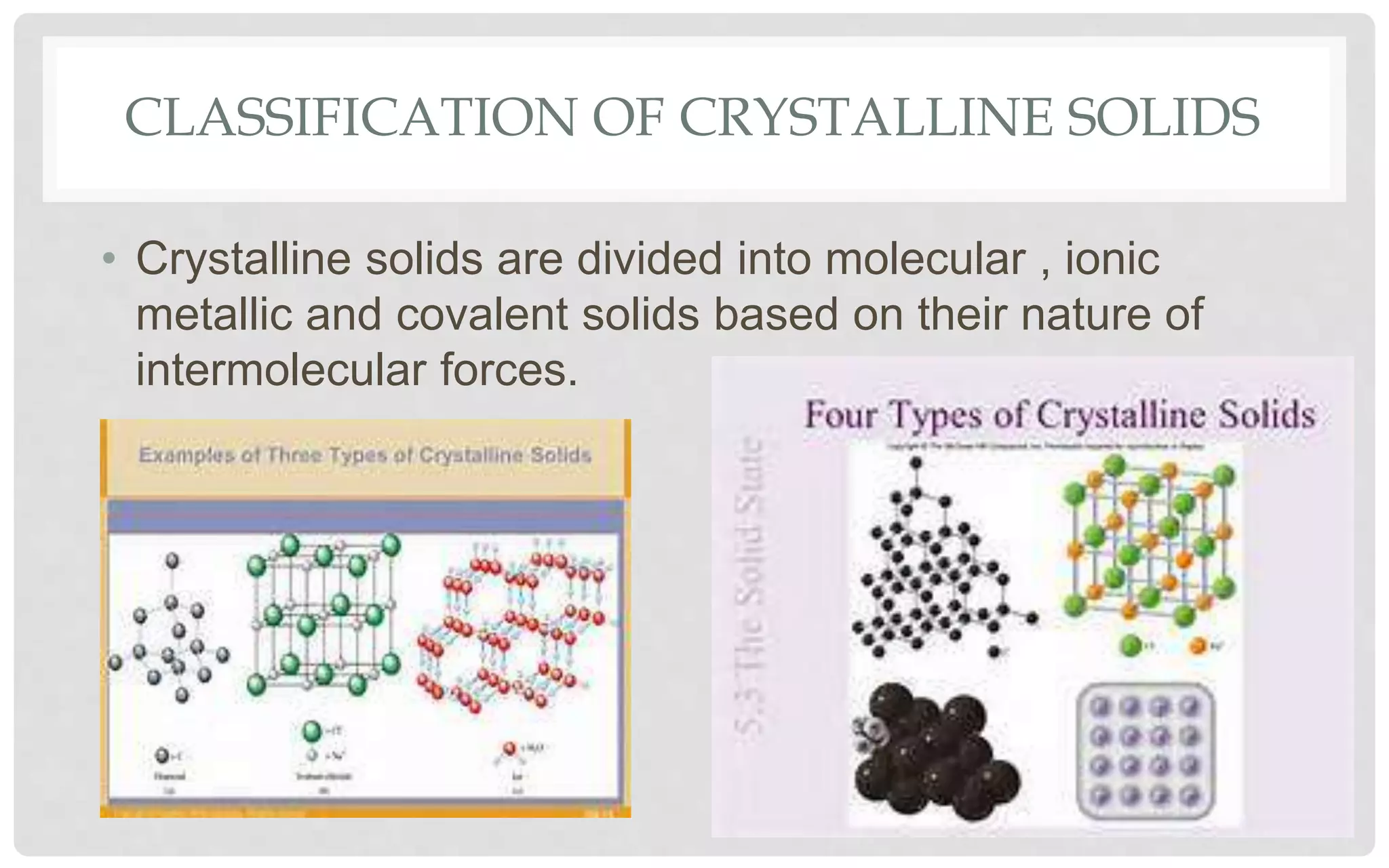 CLASSIFICATION OF CRYSTALLINE SOLIDS
• Crystalline solids are divided into molecular , ionic
metallic and covalent solids based on their nature of
intermolecular forces.
 