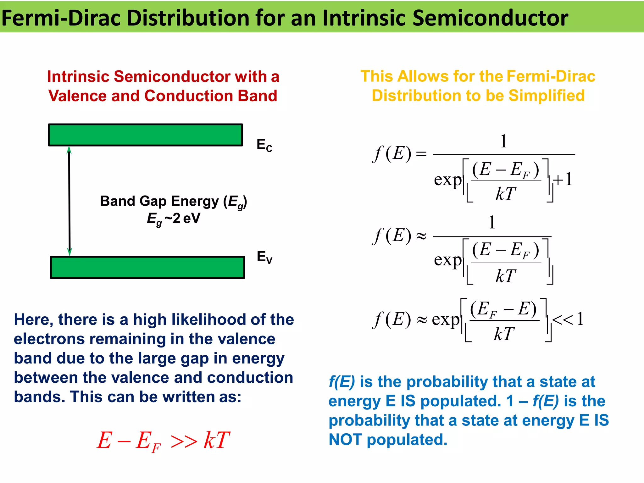 Fermi-Dirac Distribution for an Intrinsic Semiconductor
Intrinsic Semiconductor with a
Valence and Conduction Band
EV
EC
g
Band Gap Energy (E )
Eg ~2 eV
Here, there is a high likelihood of the
electrons remaining in the valence
band due to the large gap in energy
between the valence and conduction
bands. This can be written as:
E  EF  kT
f (E) 
f (E) 
This Allows for the Fermi-Dirac
Distribution to be Simplified
1
 
 
 
kT
1
exp(E  EF ) 1
kT
f (E)  exp(EF  E) 1
kT
exp(E  EF )
f(E) is the probability that a state at
energy E IS populated. 1 – f(E) is the
probability that a state at energy E IS
NOT populated.
 