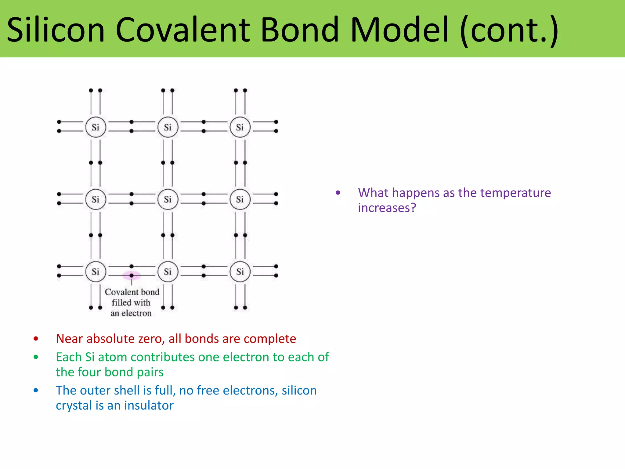 Silicon Covalent Bond Model (cont.)
• Near absolute zero, all bonds are complete
• Each Si atom contributes one electron to each of
the four bond pairs
• The outer shell is full, no free electrons, silicon
crystal is an insulator
• What happens as the temperature
increases?
 