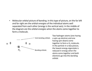 • Molecular orbital picture of bonding. In this type of picture, on the far left
and far right are the orbital energies of the individual atoms well
separated from each other (energy is the vertical axis). In the middle of
the diagram are the orbital energies when the atoms come together to
form a molecule.
Two hydrogen atoms (one having
a spin-up electron and one
having spin-down) come
together to form a H2 molecule.
In the particle-in-a-box picture,
the lowest energy eigenstate is
reduced in energy when the
atoms come together and both
electrons go into this bonding
orbital.
 