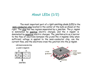 About LEDs (1/2)
The most important part of a light emitting diode (LED) is the
semi-conductor chip located in the center of the bulb as shown at the
right. The chip has two regions separated by a junction. The p region
is dominated by positive electric charges, and the n region is
dominated by negative electric charges. The junction acts as a barrier
to the flow of electrons between the p and the n regions. Only when
sufficient voltage is applied to the semi-conductor chip, can the
current flow, and the electrons cross the junction into the p region.
 