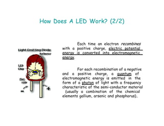 How Does A LED Work? (2/2)
Each time an electron recombines
with a positive charge, electric potential
energy is converted into electromagnetic
energy.
For each recombination of a negative
and a positive charge, a quantum of
electromagnetic energy is emitted in the
form of a photon of light with a frequency
characteristic of the semi-conductor material
(usually a combination of the chemical
elements gallium, arsenic and phosphorus)..
 