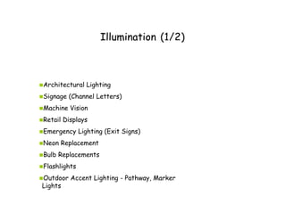 Illumination (1/2)
▪Architectural Lighting
▪Signage (Channel Letters)
▪Machine Vision
▪Retail Displays
▪Emergency Lighting (Exit Signs)
▪Neon Replacement
▪Bulb Replacements
▪Flashlights
▪Outdoor Accent Lighting - Pathway, Marker
Lights
 