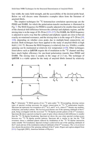 line width, the static ﬁeld strength, and the accessibility of the desired probe head.
Below we will discuss some illustrative examples taken from the literature of
amyloid ﬁbrils.
The simplest techniques for 13
C homonuclear correlation spectroscopy are the
PDSD and DARR, for which the polarization-transfer mechanism is illustrated in
Fig. 7. The MAS frequency for PDSD is usually adjusted to be smaller than one half
of the chemical shift difference between the carbonyl and aliphatic regions, and the
mixing time is in the range of 20–50 ms [115–117]. For DARR, the MAS frequency
is adjusted in such a way that the carbonyl and aliphatic signals are close to but not
exactly on rotational resonance, and the mixing time is in the range of 5–20 ms [19,
118], depending on whether cross peaks due to multiple-bond connectivity are
desired. Both techniques have been applied to the study of amyloid ﬁbrils in high
ﬁeld (!14.1 T). Because the MAS frequency is relatively low (ca. 10 kHz), a stable
spinning can be maintained at relatively low temperature [119]. Other techniques
listed above such as fpRFDR require the rf irradiation in the 13
C channel and they
have much higher efﬁciency for one-bond polarization transfer than PDSD and
DARR. The mixing time is usually in the range of 2–3 ms. The technique of
fpRFDR is a viable option for the study of amyloid ﬁbrils formed by relatively
Fig. 7 Schematic 13
C MAS spectra of two 13
C spins under 13
C–1
H recoupling, showing various
types of spectral overlap necessary for energy conservation in 13
C–13
C polarization transfer.
Spectrum (a) represents two resonances of Cali
at d1 and C0
at d2, where Cali
denotes any methine,
methylene, and methyl carbons. The hatched peak denotes one of the spinning sidebands of the C0
peak, being overlapped with the recovered 13
C–1
H dipolar powder pattern of the Cali
resonance.
Spectrum (b) shows spectral overlap for a pair of spins whose chemical shift difference is smaller
than the 13
C–1
H dipolar broadening. Spectrum (c) shows the case when spectral overlap occurs
between two 13
C–1
H dipolar powder patterns. Spectrum (d) is similar to (a), but the 13
CH
resonance shows a sideband pattern induced by modulation of the 13
C–1
H dipolar interaction
under suitable 1
H rf irradiation. Spectral overlap is achieved for one of the spinning sidebands of
the C0
peak and one of the modulation-induced sidebands of the Cali
resonance. The vertical dotted
lines denote the position of the spinning sideband of the C0
peak. (Figure and caption adapted from
[111]. Copyright [2003], American Institute of Physics)
Solid-State NMR Techniques for the Structural Determination of Amyloid Fibrils 65
 