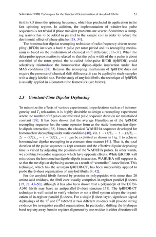 ﬁeld is 8.5 times the spinning frequency, which has precluded its application in the
fast spinning regime. In addition, the implementation of windowless pulse
sequences is not trivial if phase transient problems are severe. Sometimes a damp-
ing resistor has to be added in parallel to the sample coil in order to reduce the
detrimental effect of phase glitches [18, 34].
The homonuclear dipolar recoupling technique of radio frequency-driven recou-
pling (RFDR) involves a hard p pulse per rotor period and its recoupling mecha-
nism is based on the modulation of chemical shift difference [35–37]. When the
delta-pulse approximation is relaxed so that the pulse width of the p pulse is about
one-third of the rotor period, the so-called ﬁnite-pulse RFDR (fpRFDR) could
selectively reintroduce the homonuclear dipole–dipole interaction under fast
MAS conditions [38]. Because the recoupling mechanism of fpRFDR does not
require the presence of chemical shift difference, it can be applied to study samples
with a singly labeled site. For the study of amyloid ﬁbrils, the technique of fpRFDR
is usually applied in a constant-time framework (see below).
2.3 Constant-Time Dipolar Dephasing
To minimize the effects of various experimental imperfections such as rf inhomo-
geneity and T2 relaxation, it is highly desirable to design a recoupling experiment
where the number of rf pulses and the total pulse sequence duration are maintained
constant [39]. It has been shown that the average Hamiltonian of the fpRFDR
recoupling sequence has the same operator form as the static homonuclear dipo-
le–dipole interaction [38]. Hence, the classical WAHUHA sequence developed for
homonuclear decoupling under static condition [40], viz. t À (p/2)x À t À (p/2)y À
2t À (p/2)Ày À t À (p/2)Àx À t, can be exploited as shown in Fig. 1 to achieve
homonuclear dipolar recoupling in a constant-time manner [41]. That is, the total
duration of the pulse sequence is kept constant and the effective dipolar dephasing
time is varied by adjusting the positions of the WAHUHA pulses. In other words,
we combine two pulse sequences which have opposite effects. While fpRFDR will
reintroduce the homonuclear dipole–dipole interaction, WAHUHA will suppress it,
so that the net dipolar dephasing occurs as a result of “controlled” cancellation. This
technique, which has the acronym fpRFDR-CT, has been successfully applied to
probe the b-sheet organization of amyloid ﬁbrils [4, 42].
For the amyloid ﬁbrils formed by proteins or polypeptides with more than 20
amino acid residues, the ﬁbril core usually comprises in-register parallel b-sheets
[19, 28, 43–50], although it has also been shown that a polymorph of the D23N-
Ab40 ﬁbrils may have an antiparallel b-sheet structure [51]. The fpRFDR-CT
technique is well suited to verify whether or not a ﬁbril system adopts the organi-
zation of in-register parallel b-sheets. For a single b-sheet layer, signiﬁcant signal
dephasings of the C0
and Cb
labeled at two different residues will provide strong
evidence for in-register parallel organization. In particular, shifting the hydrogen
bond registry away from in-register alignment by one residue in either direction will
Solid-State NMR Techniques for the Structural Determination of Amyloid Fibrils 51
 