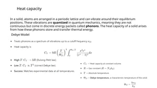 In a solid, atoms are arranged in a periodic lattice and can vibrate around their equilibrium
positions. These vibrations are quantized in quantum mechanics, meaning they are not
continuous but come in discrete energy packets called phonons. The heat capacity of a solid arises
from how these phonons store and transfer thermal energy.
Heat capacity
Debye Model
 