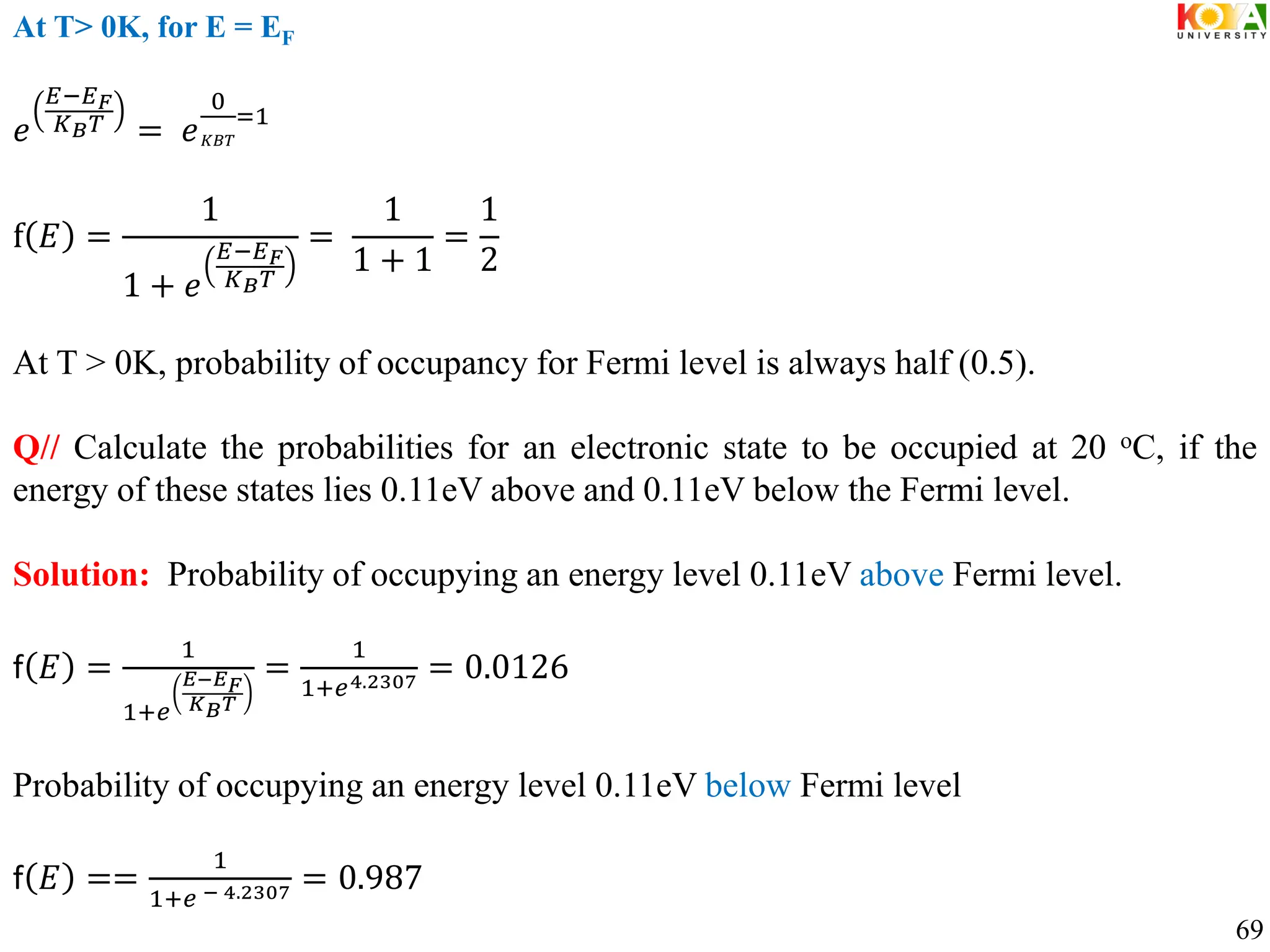 At T> 0K, for E = EF
𝑒
𝐸−𝐸𝐹
𝐾𝐵𝑇 = 𝑒
0
𝐾𝐵𝑇
=1
f 𝐸 =
1
1 + 𝑒
𝐸−𝐸𝐹
𝐾𝐵𝑇
=
1
1 + 1
=
1
2
At T > 0K, probability of occupancy for Fermi level is always half (0.5).
Q// Calculate the probabilities for an electronic state to be occupied at 20 oC, if the
energy of these states lies 0.11eV above and 0.11eV below the Fermi level.
Solution: Probability of occupying an energy level 0.11eV above Fermi level.
f 𝐸 =
1
1+𝑒
𝐸−𝐸𝐹
𝐾𝐵𝑇
=
1
1+𝑒4.2307 = 0.0126
Probability of occupying an energy level 0.11eV below Fermi level
f 𝐸 ==
1
1+𝑒 − 4.2307 = 0.987
69
 
